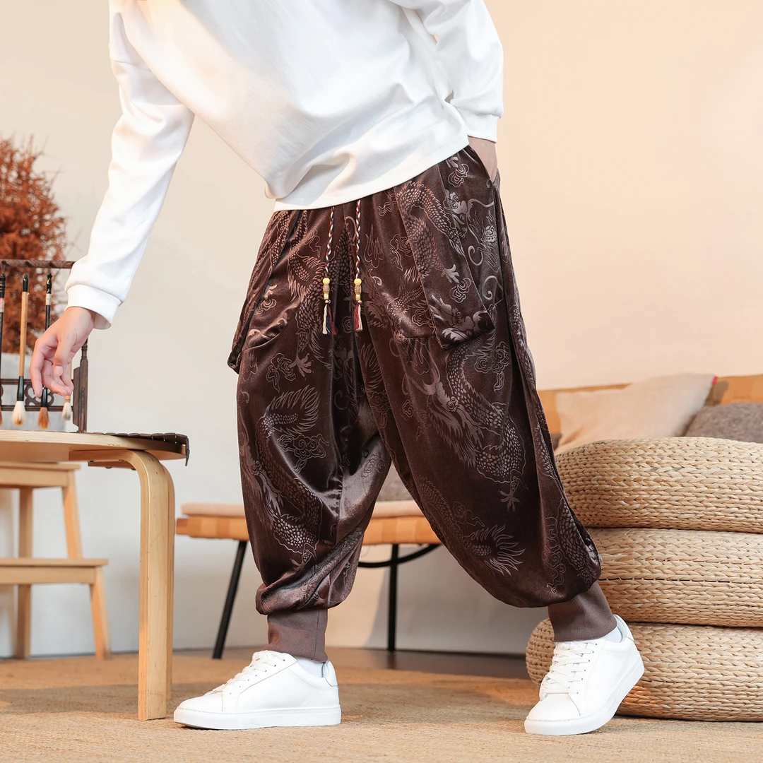 新中式潮牌运动卫裤男金丝绒休闲束脚裤中国风龙纹宽松束脚哈伦裤