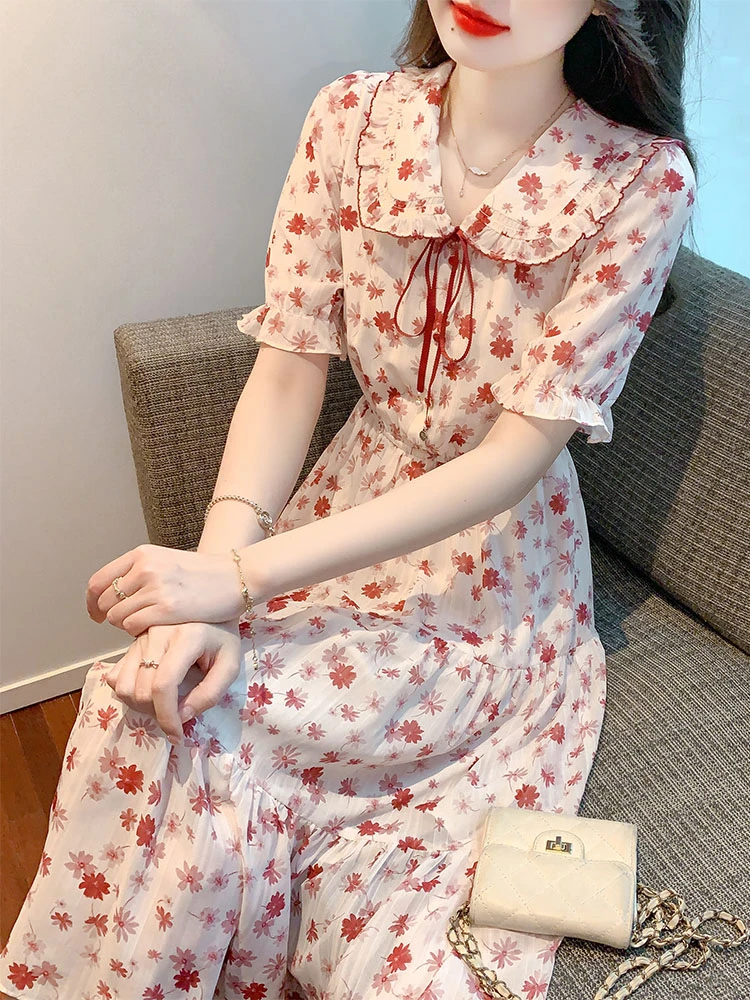娃娃领碎花连衣裙子女夏季小个子温柔风收腰气质雪纺长裙2025新款