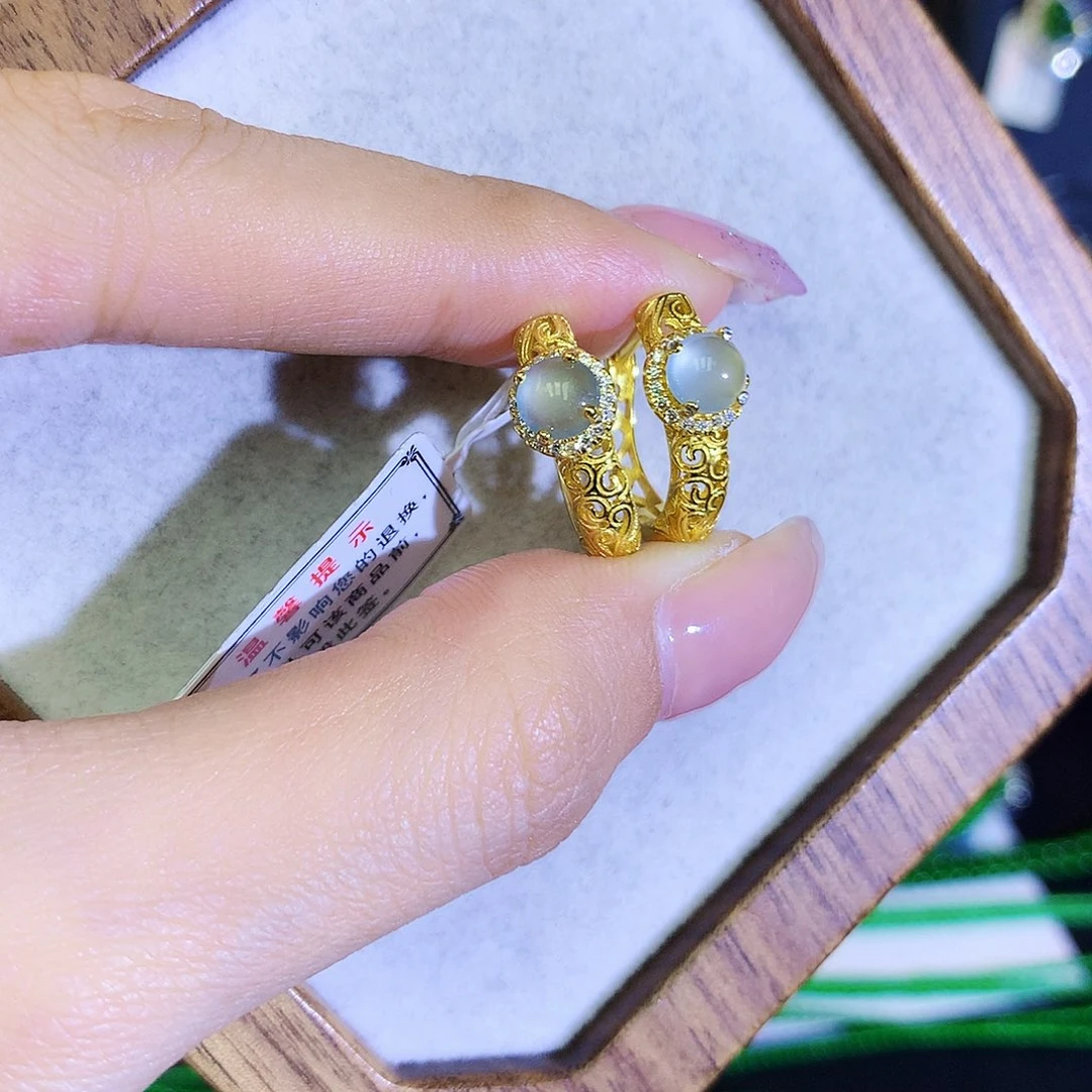 翡翠耳饰银S925镶嵌天然翡翠耳包