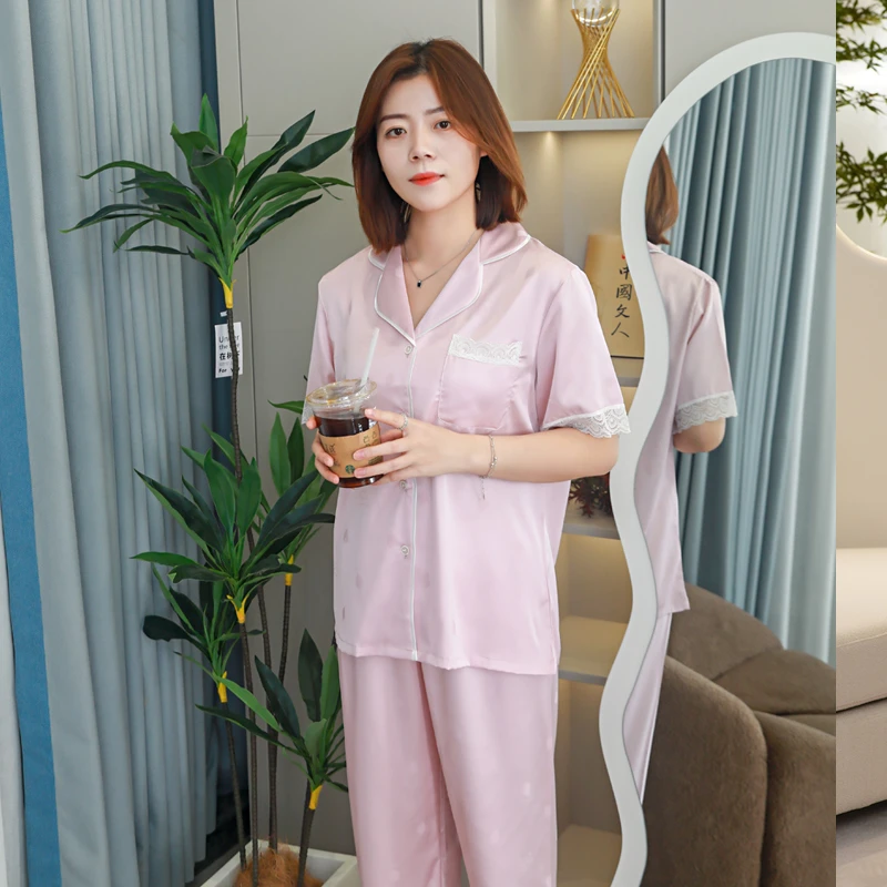 2025年新款冰丝睡衣女士短袖夏季薄款可外穿家居服套装网红妈妈服