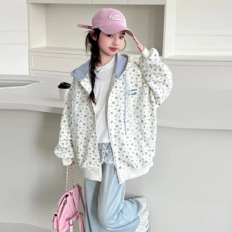 女童外套春秋款2025新款甜美女孩春季休闲连帽碎花开衫春装卫衣潮