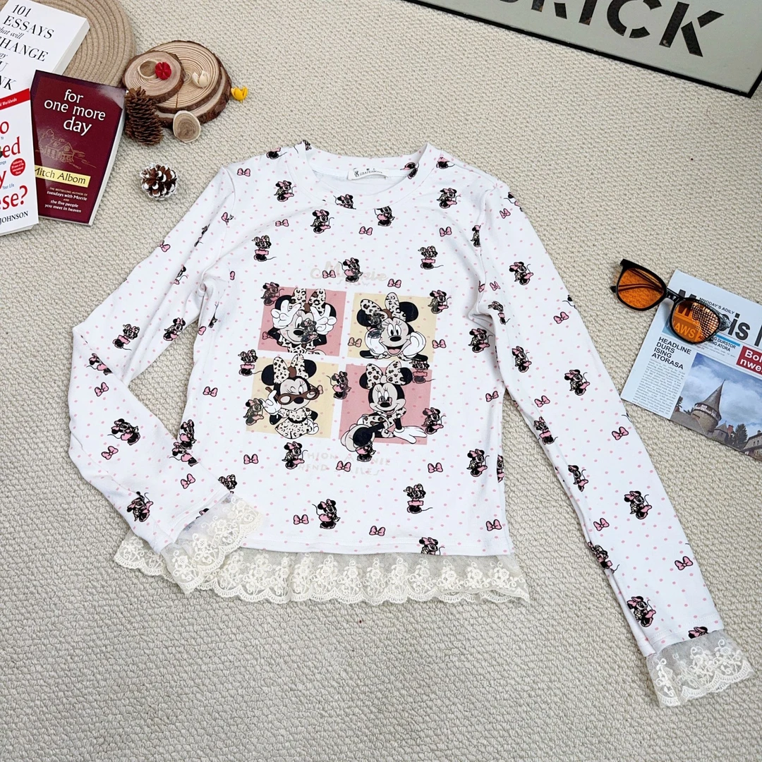 2024秋季新款休闲时尚卡通印花拼蕾丝打底长袖T恤8514