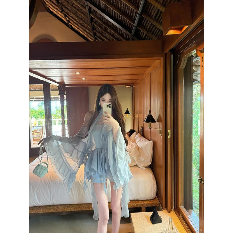 2025春夏季气质飘逸雪纺层叠木耳边喇叭袖上衣女配高腰显瘦短裤女
