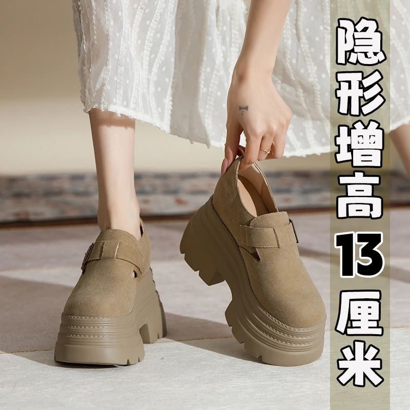 13CM小个子内增高厚底乐福鞋女高跟鞋春季圆头全包大头博肯鞋单鞋