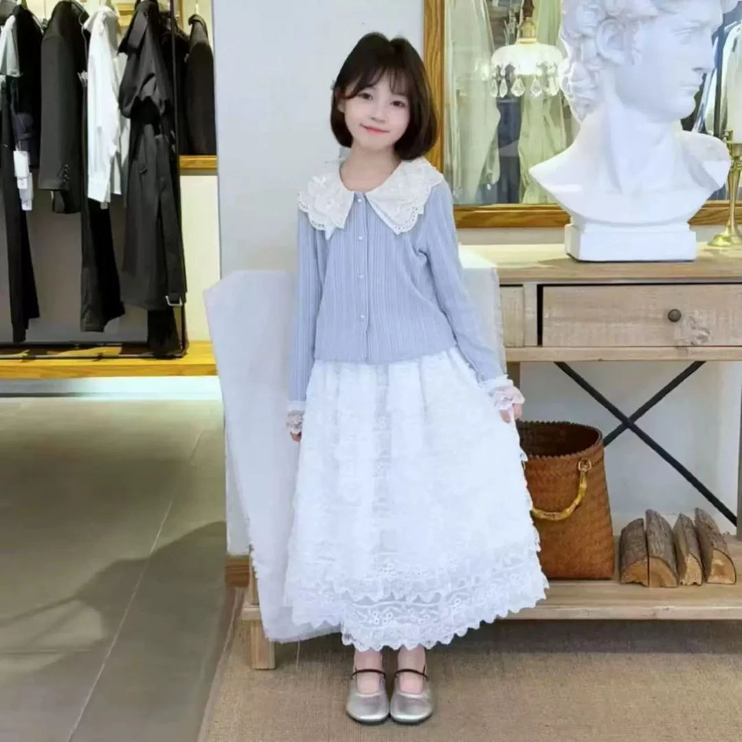 女童春季小清新蕾丝花边娃娃领开衫公主范半身纱裙甜美两件套韩版