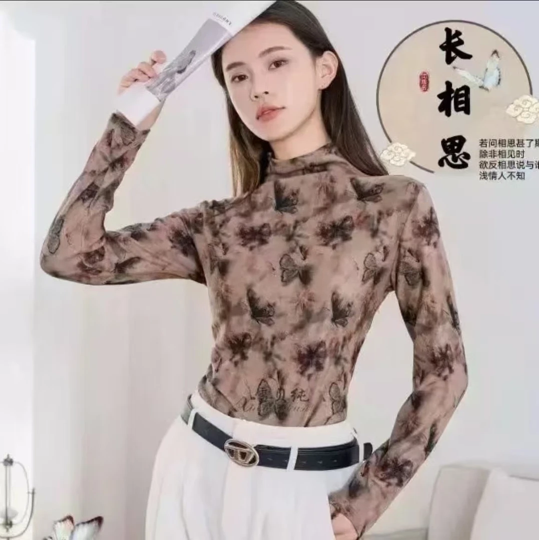 德绒半高领印花标准时尚高领抗皱长袖保暖加绒修身