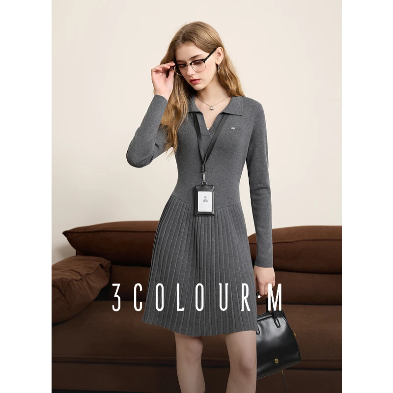 1966三彩2025春季新款MIU风针织裙POLO领连衣裙百褶裙知识db