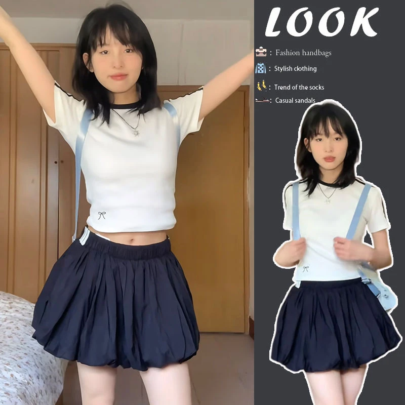 时尚穿搭一整套2025夏季新款韩版时尚短款短袖上衣花苞短裙两件套