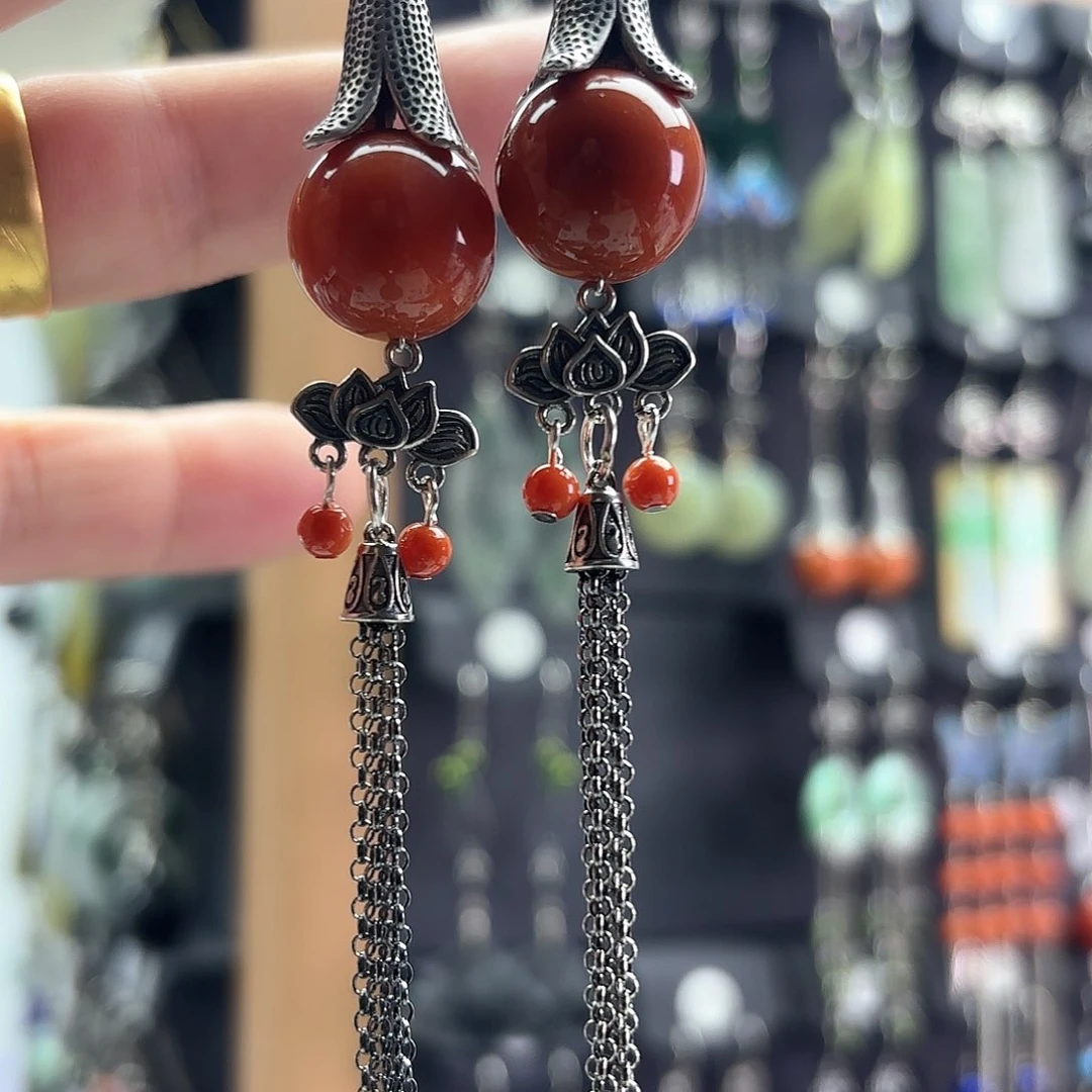 南红玛瑙耳饰银S925镶嵌大***～