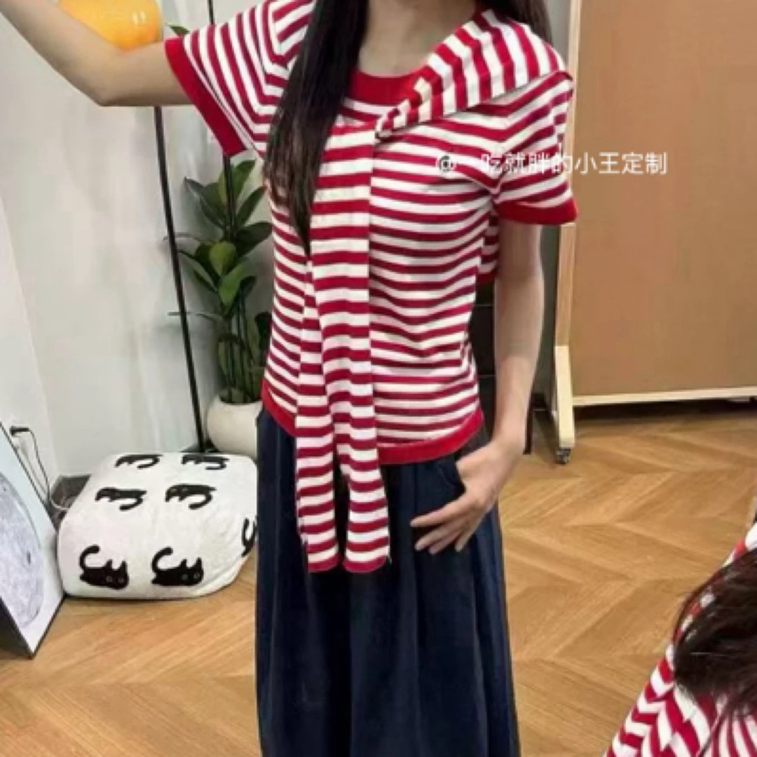 【小王家】胖MM夏季穿搭条纹刺绣半袖披肩九分阔腿裤减龄显瘦套装