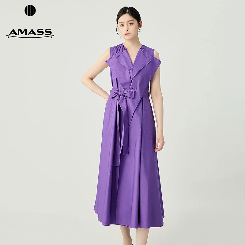 阿玛施AMASS新款造型感无袖双层领口腰间系带长款连衣裙女550001
