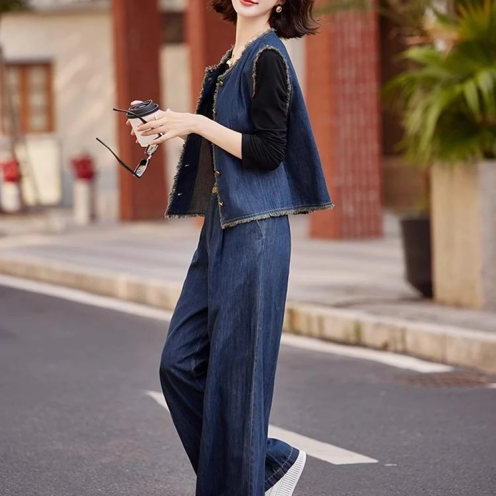 休闲时尚复古牛仔套装女2025春季爆款小香风气质显瘦阔腿裤三件套