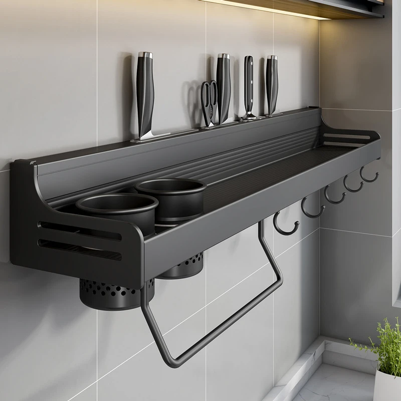 厨房收纳置物架免打孔壁挂式太空铝多功能调料架家用刀具筷子挂架