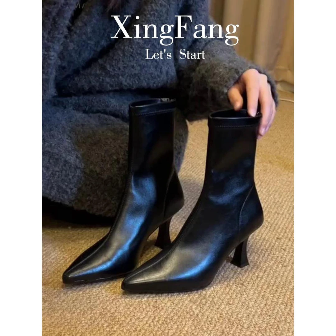 软皮版~法式尖头高跟短靴女秋冬新款百搭细跟马丁单靴弹力瘦瘦靴