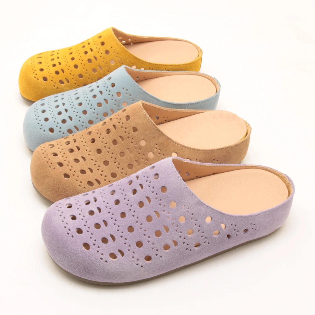 6489夏季新款芒果头真皮平底包头半拖女百搭鞋镂空外穿洞洞凉拖鞋