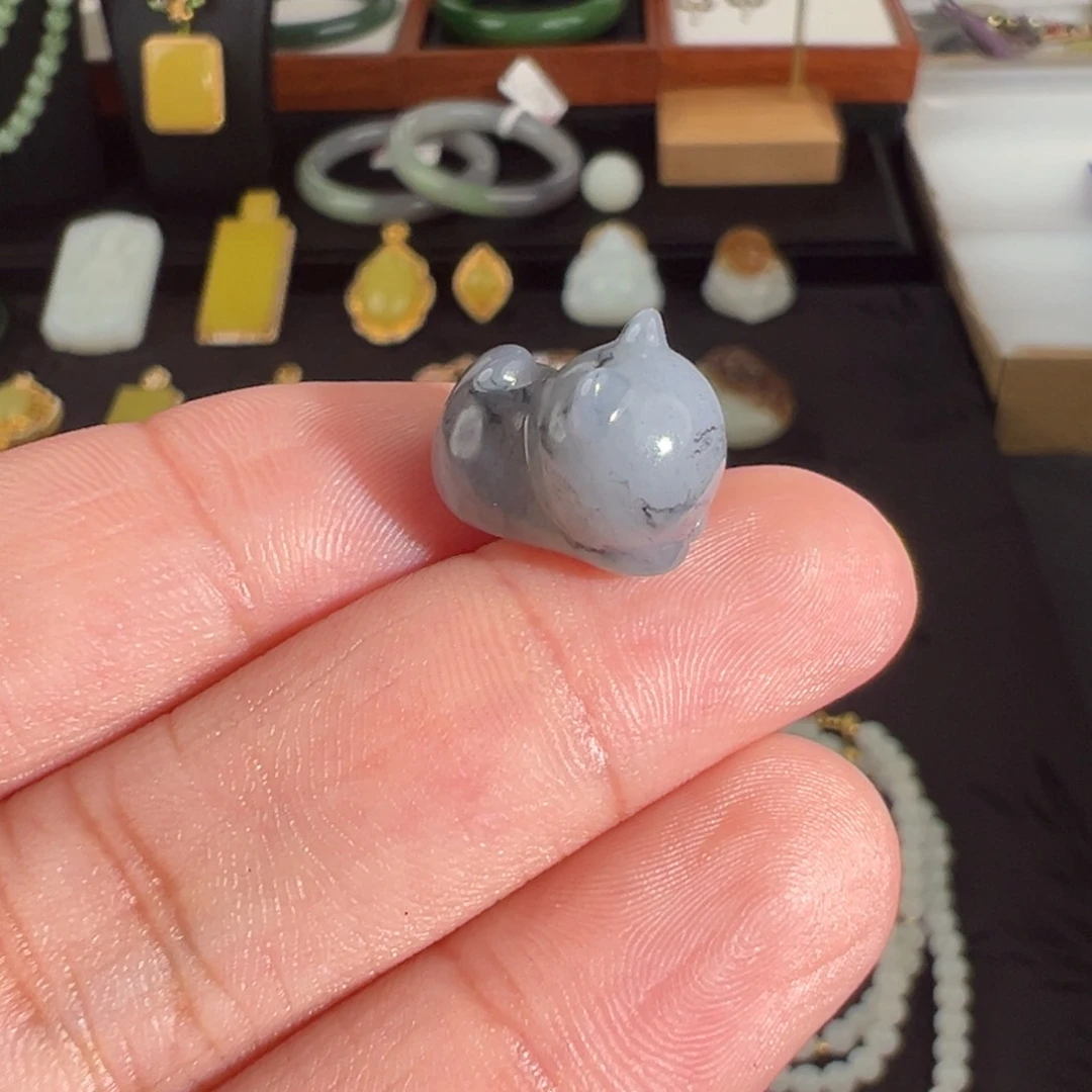 颈饰未镶嵌和田玉青花立体小趴趴猫