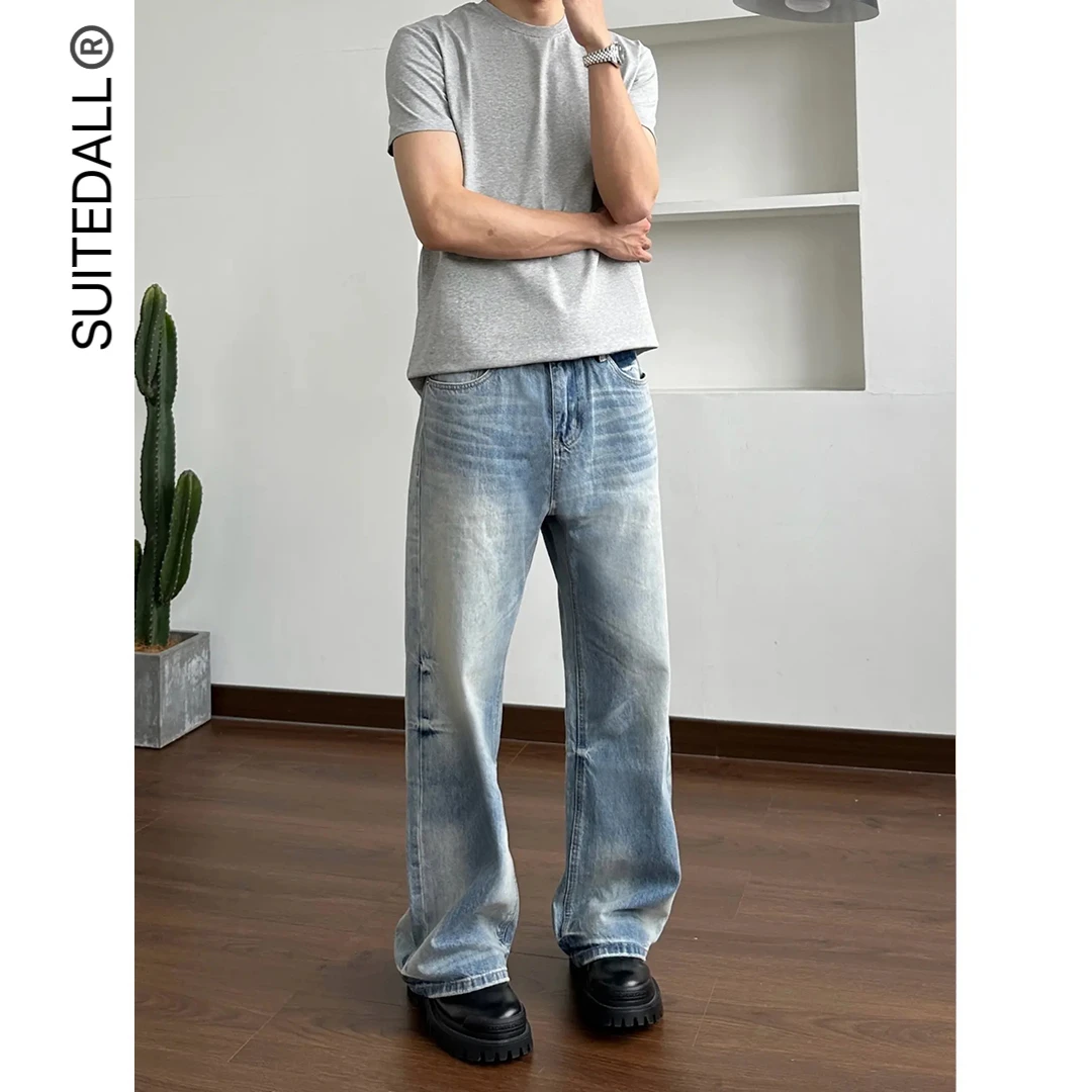 SUITEDALL奶油蓝宽松直筒水洗软牛仔裤 四季百搭休闲cleanfit长裤
