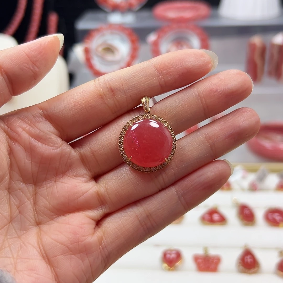 菱锰矿（红纹石）18K金镶嵌吊坠(不含链)