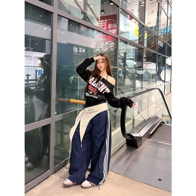 2025秋季美式街头高级撞色弯刀休闲裤男女高腰宽松抽绳工装
