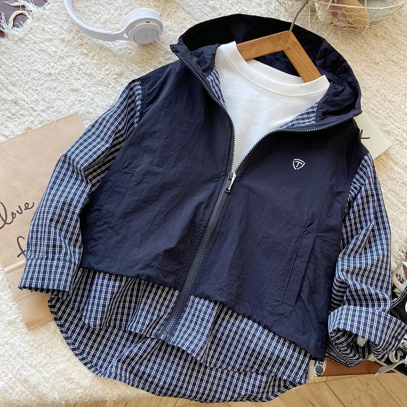 男童外套春秋款2025中大童男孩洋气拼接假两件儿童装连帽衬衫夹克