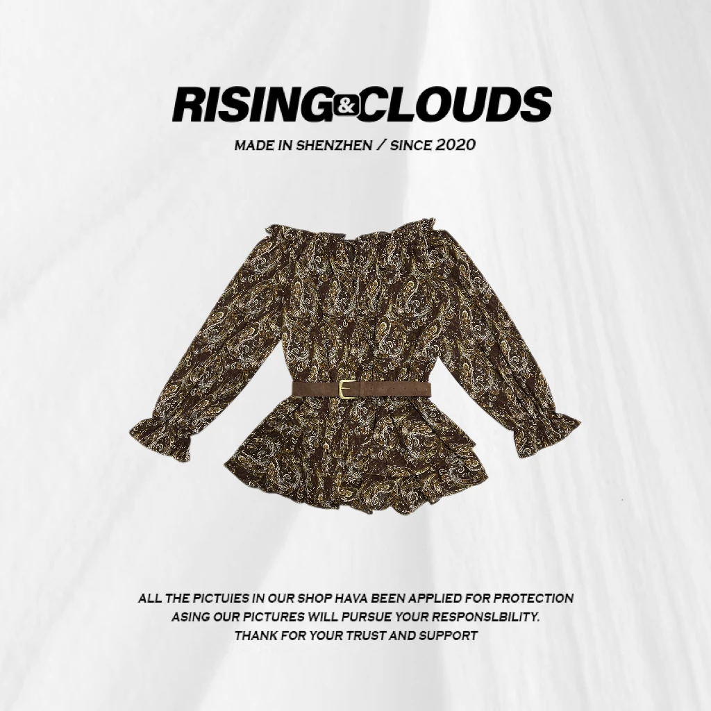 RISING&CLOUDS莎莎【绒绒暖茶】一字肩收腰荷叶袖蕾丝衬衫090016