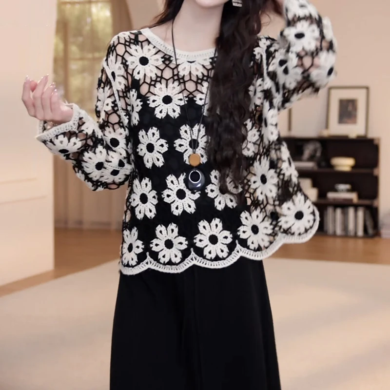 2025早秋新品镂空钩花蕾丝衫上衣宽松百搭显瘦罩衫长袖LK2505575