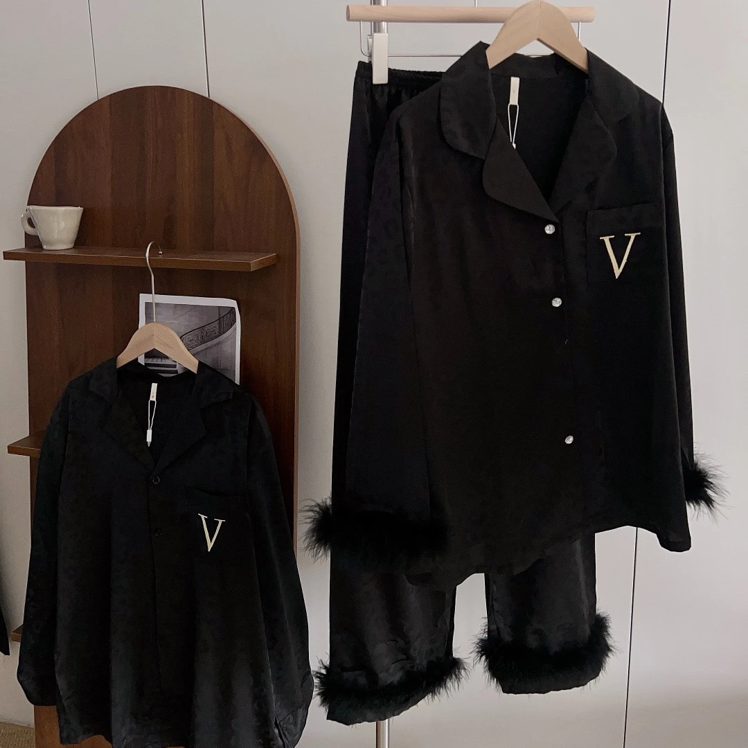 【V密豹纹】春秋新款男士情侣睡衣高质量水光丝柔软长袖长裤家居服