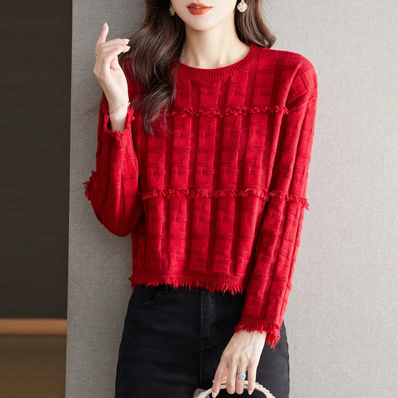 短款女春秋季2024新款时尚小个子洋气流苏宽松针织打底衫
