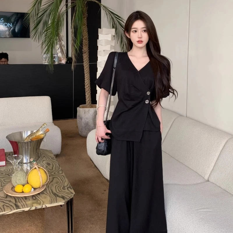 【两件套】高级感套装女赫本风上衣胖MM显瘦阔腿裤子两件套D2822