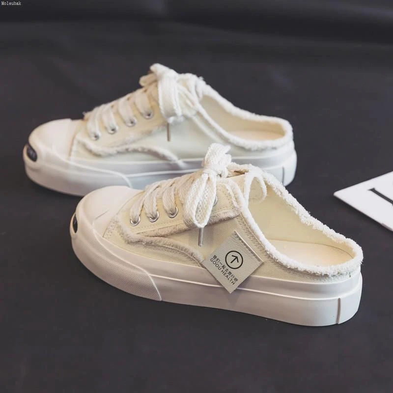 Moleubak~2025新款夏款懒人一脚蹬薄款透气休闲半拖帆布鞋女鞋