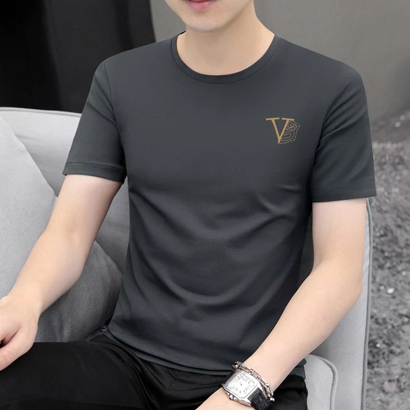 夏季男士白色修身短袖t恤圆领时尚印花透气休闲百搭简约外穿上衣