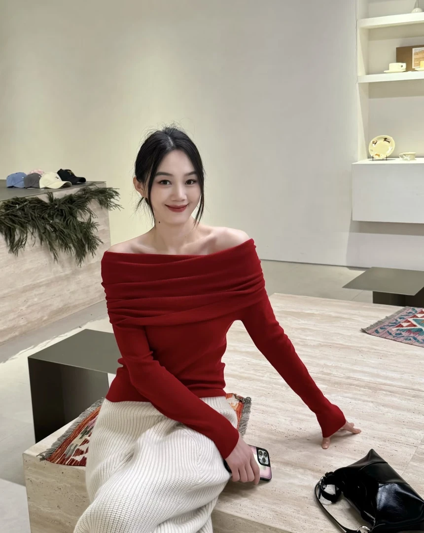 【晨浠定制】深圳南油新款时尚百搭一字肩羊毛上衣红色VK227