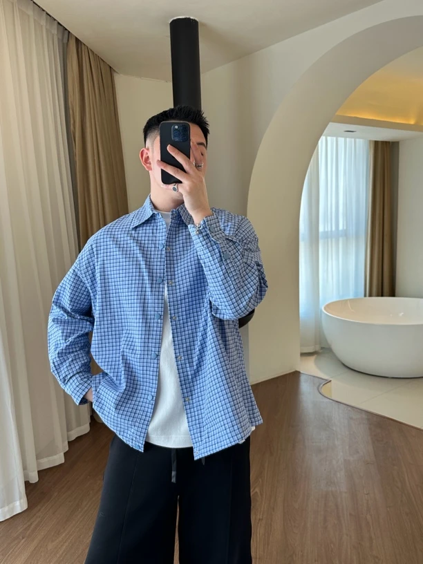 CHUJIE早春美式复古格纹长袖衬衫宽松百搭休闲衬衫