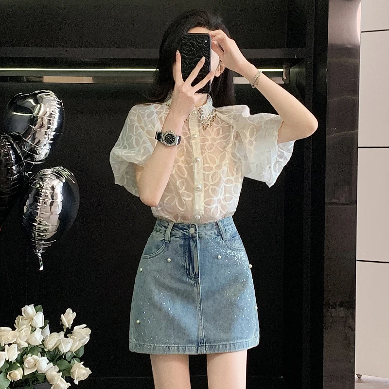 休闲套装女两件套短袖气质高腰上衣夏季洋气显瘦牛仔减龄减龄甜美