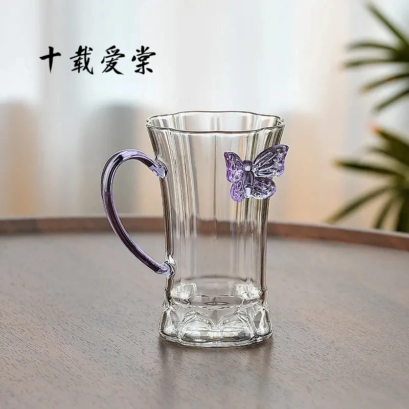 莲花蝴蝶水杯玻璃花茶杯可爱玻璃杯耐高温绿茶杯女生喝水杯泡茶杯