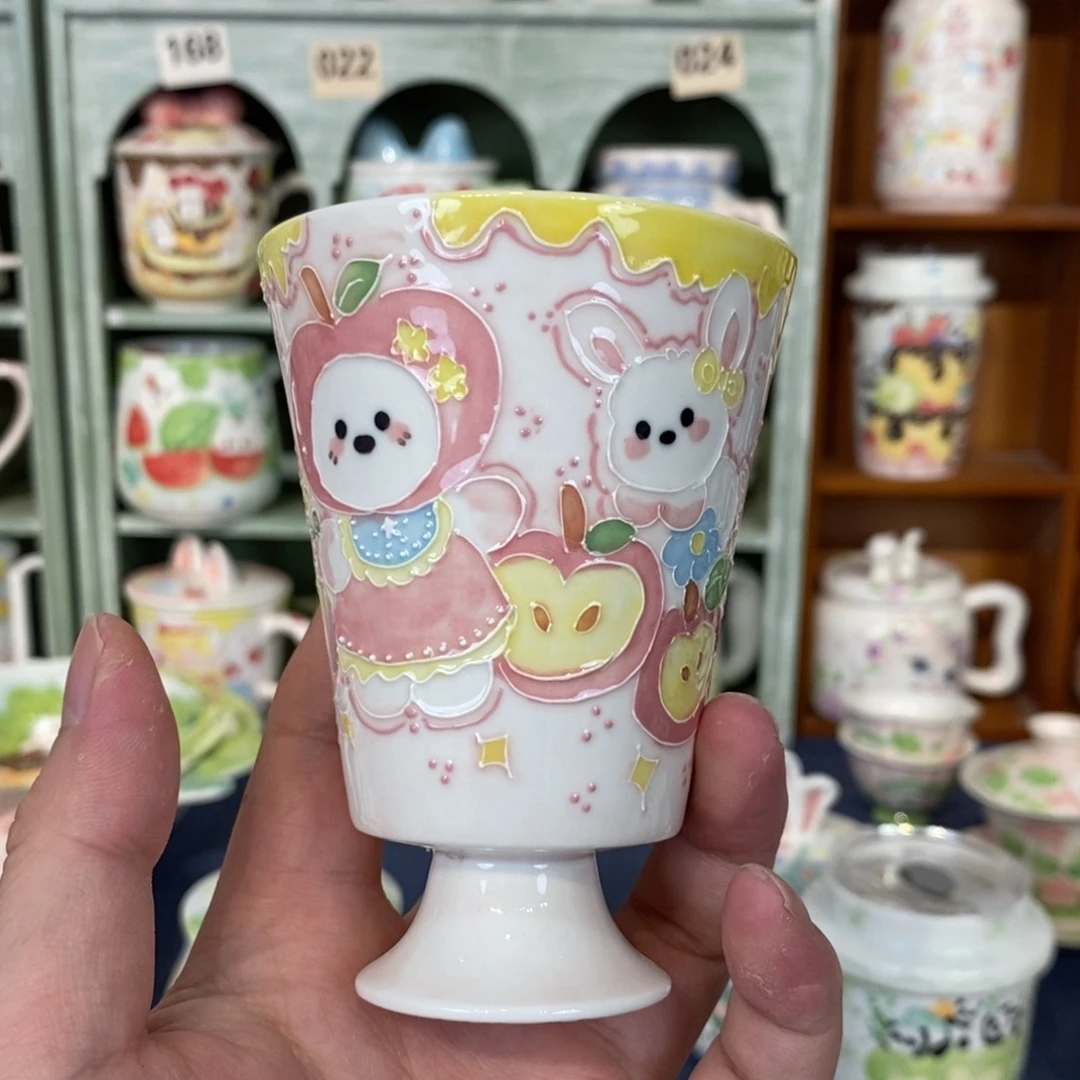 瓷片苹果兔子高脚杯微瑕
