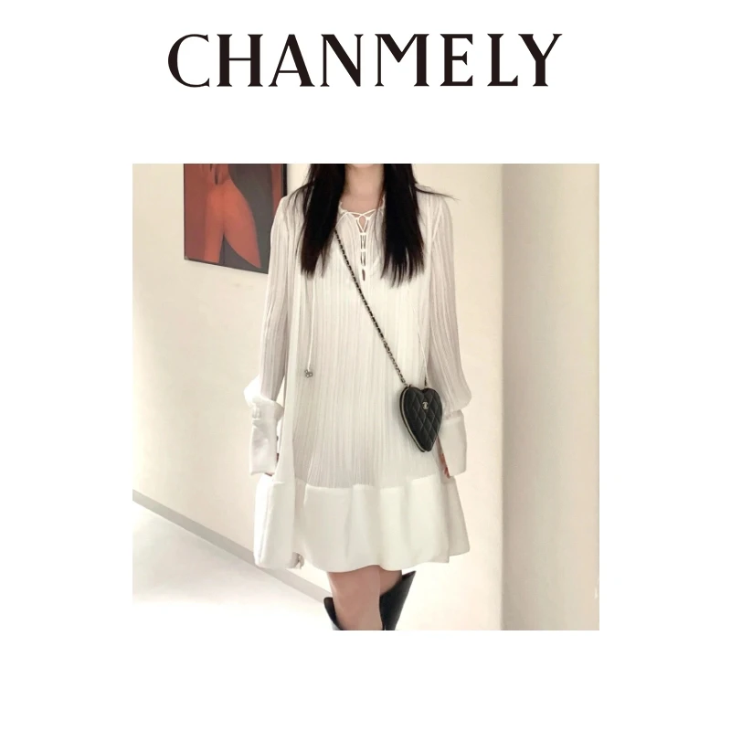 【CHANMITY】24/ss高级优雅法式设计师褶皱衬衫连衣裙024793