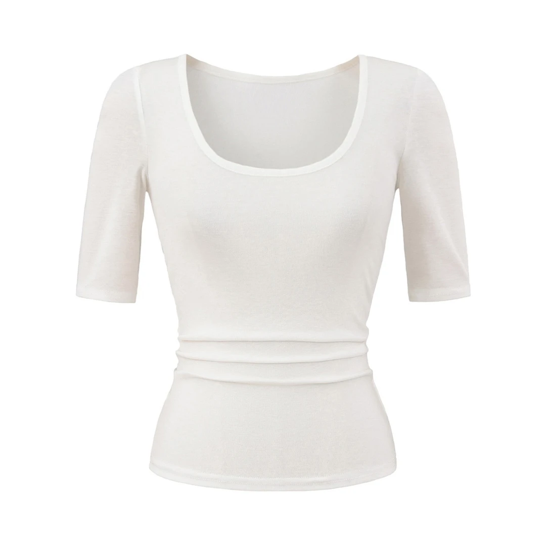 U领中袖秋冬基础针织上衣女修身白色T恤U领天丝打底衫打底长袖