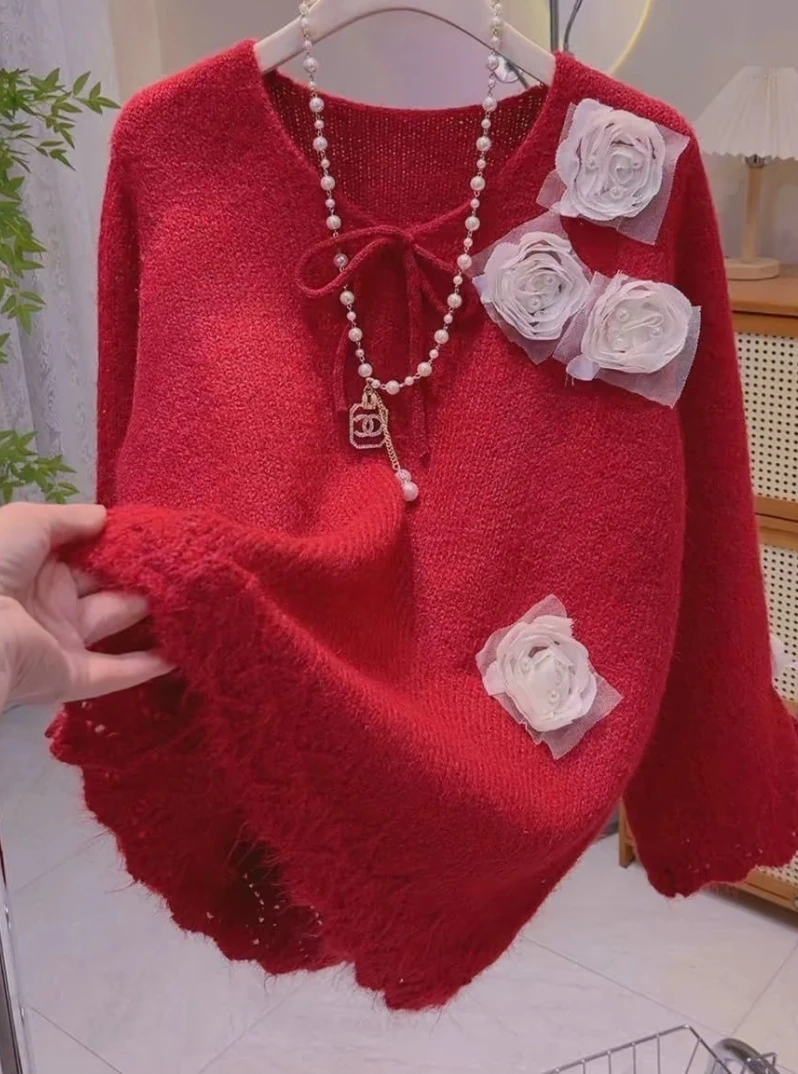 领口袖口系带设计感花朵毛衣秋冬韩版宽松新年红色针织衫