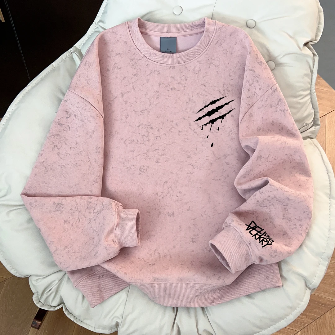 美式复古个性抓痕字母印花卫衣秋冬季韩系男女款粉色蜡染休闲上衣