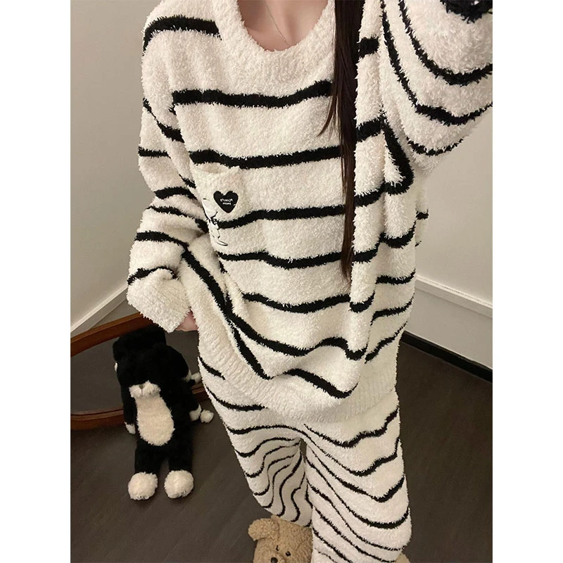 韩系慵懒风条纹半边绒睡衣女秋冬季新款保暖针织可外穿家居服套装