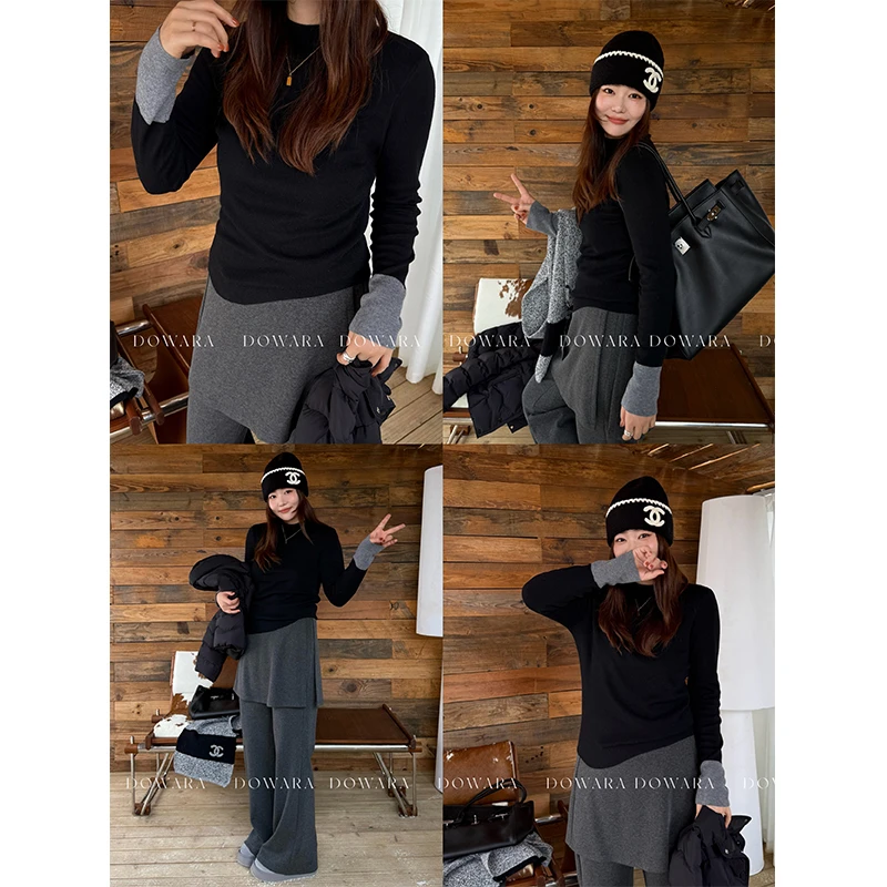 现货大婉酱微胖定制【晴空之夜】冬季拼色毛织百搭显瘦上衣女 0544D