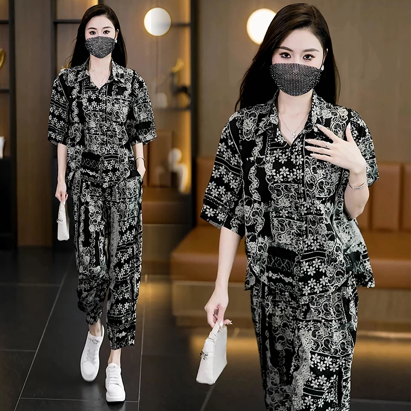 大码女装2025夏季新款妈妈洋气时尚宽松遮肉设计感胖妹妹气质套装