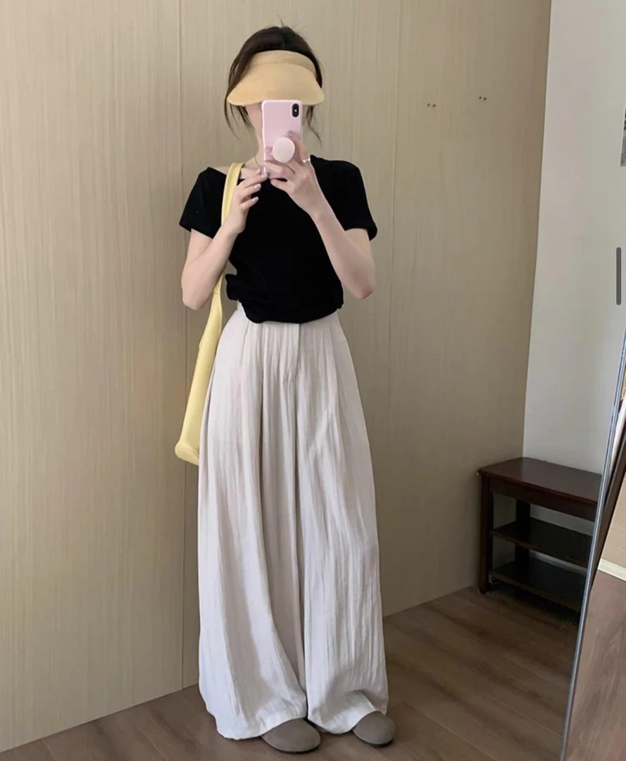休闲宽松麻料拖地裤2025夏季新款韩版百搭显瘦减龄直筒阔腿裤