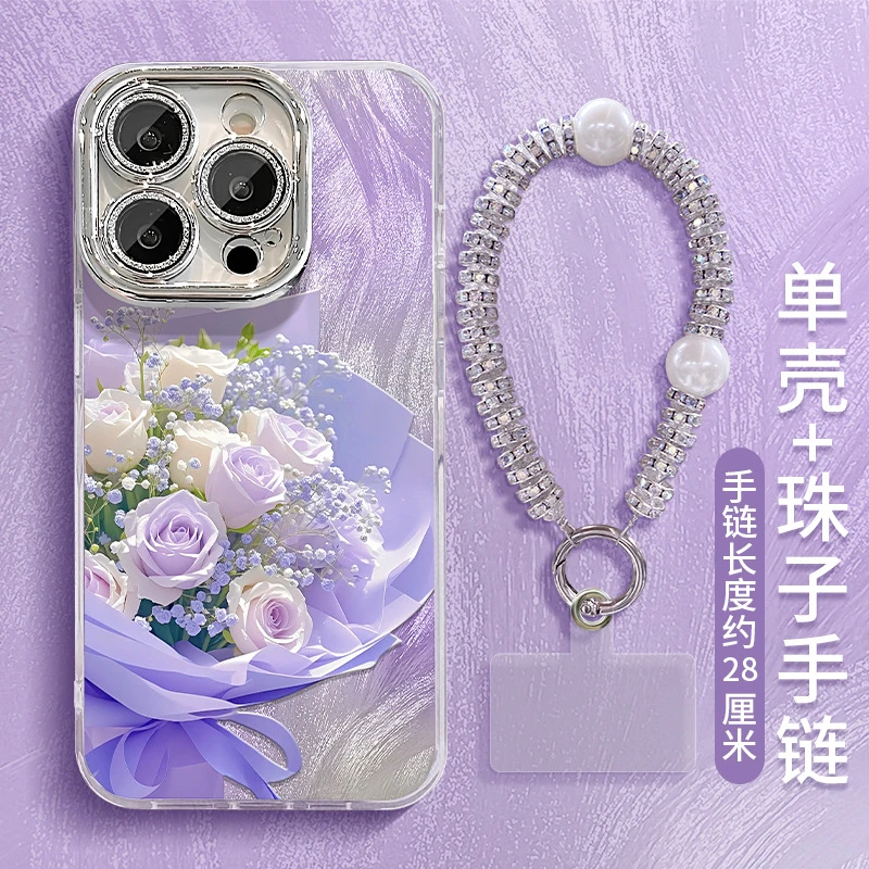 适用苹果16e羽纱手机壳13promax玫瑰花束手链全包镜头膜15高级感8