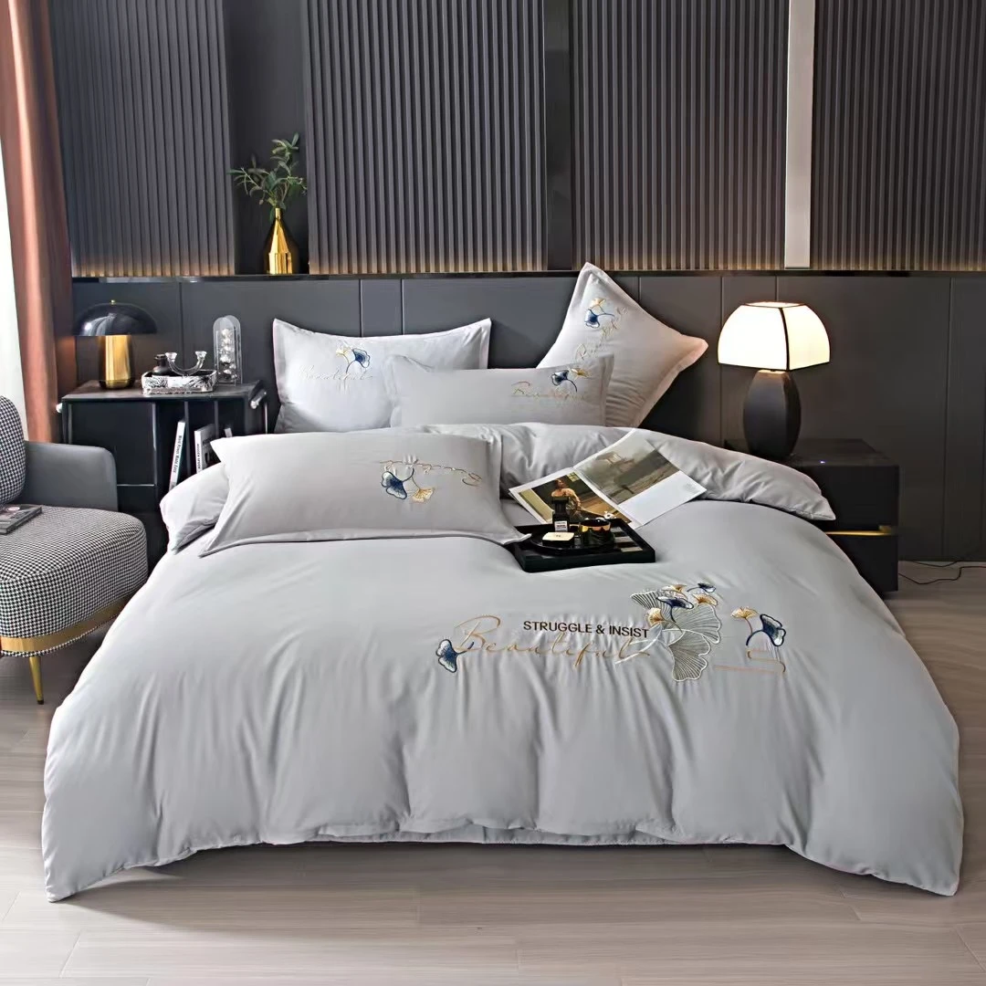 【灰色银杏叶】100支多件套夏季秋冬季轻奢双层加厚高档简约四件套