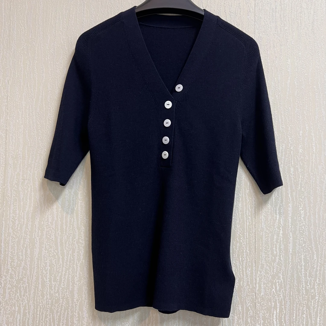 【藏青色】25ss夏季新款V领气质修身针织衫短袖【60-030】【599】