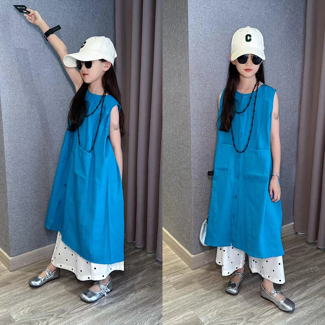 女童夏季2025新款洋气大童夏款无袖长款衬衫波点阔腿裤休闲两件套