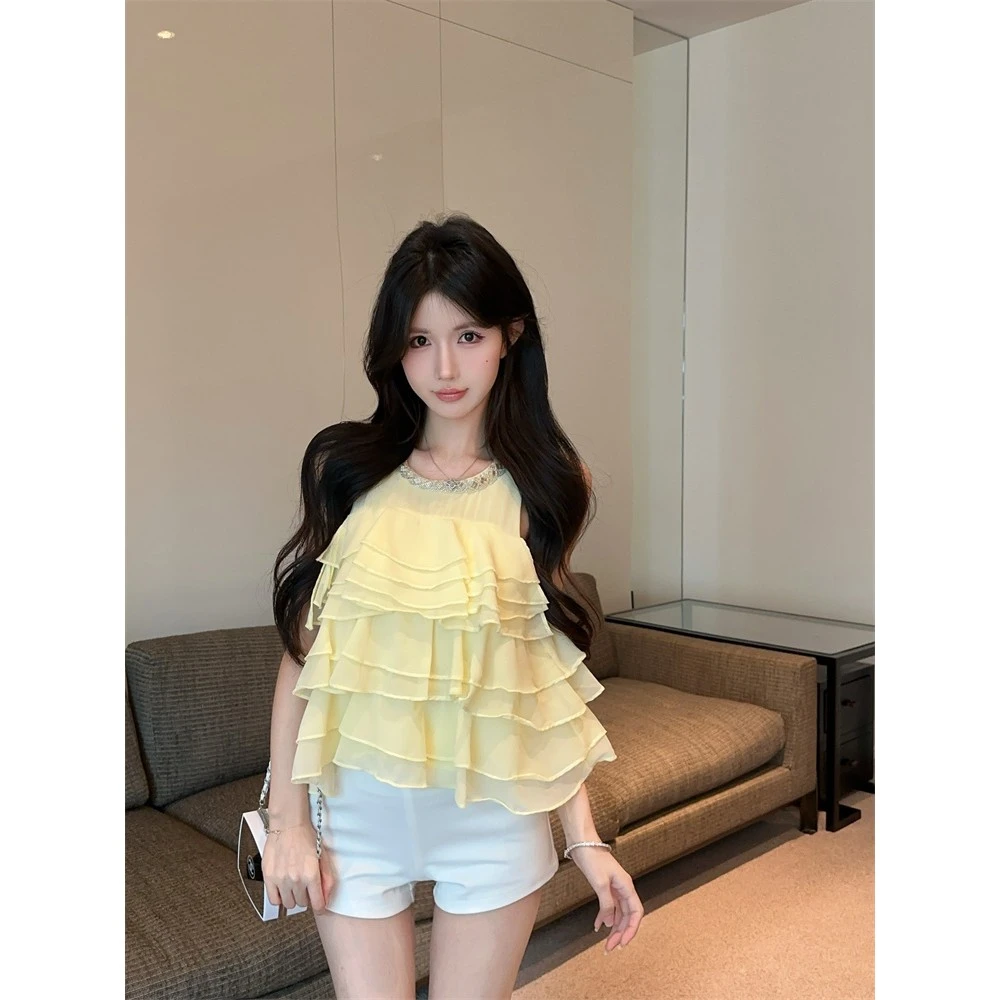 荷叶边镶钻黄色雪纺吊带背心女早夏泰式抹胸小上衣独特绝美娃娃衫