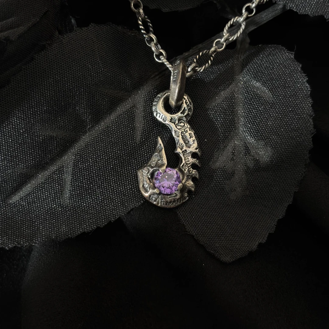 坠链均925银 海洋鱼钩吊坠 百搭款项链 复古风 紫水晶 S925银款